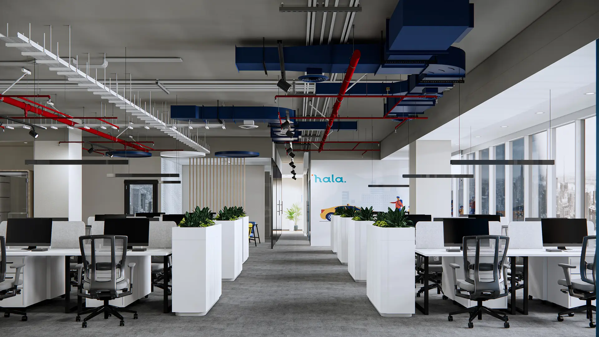 A modern open-plan office space with several rows of desks and ergonomic chairs arranged neatly. Each desk is equipped with computers and plants. The ceiling features visible ducts and piping, painted blue and red. Large windows allow natural light to flood the room.