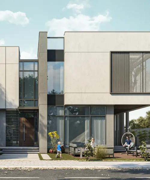 A modern, two-story house with large windows and minimalist design. A child plays near the front yard while two individuals sit on a patio with a hanging chair. The exterior features glass, concrete, and metal elements, with a small garden and outdoor seating area.