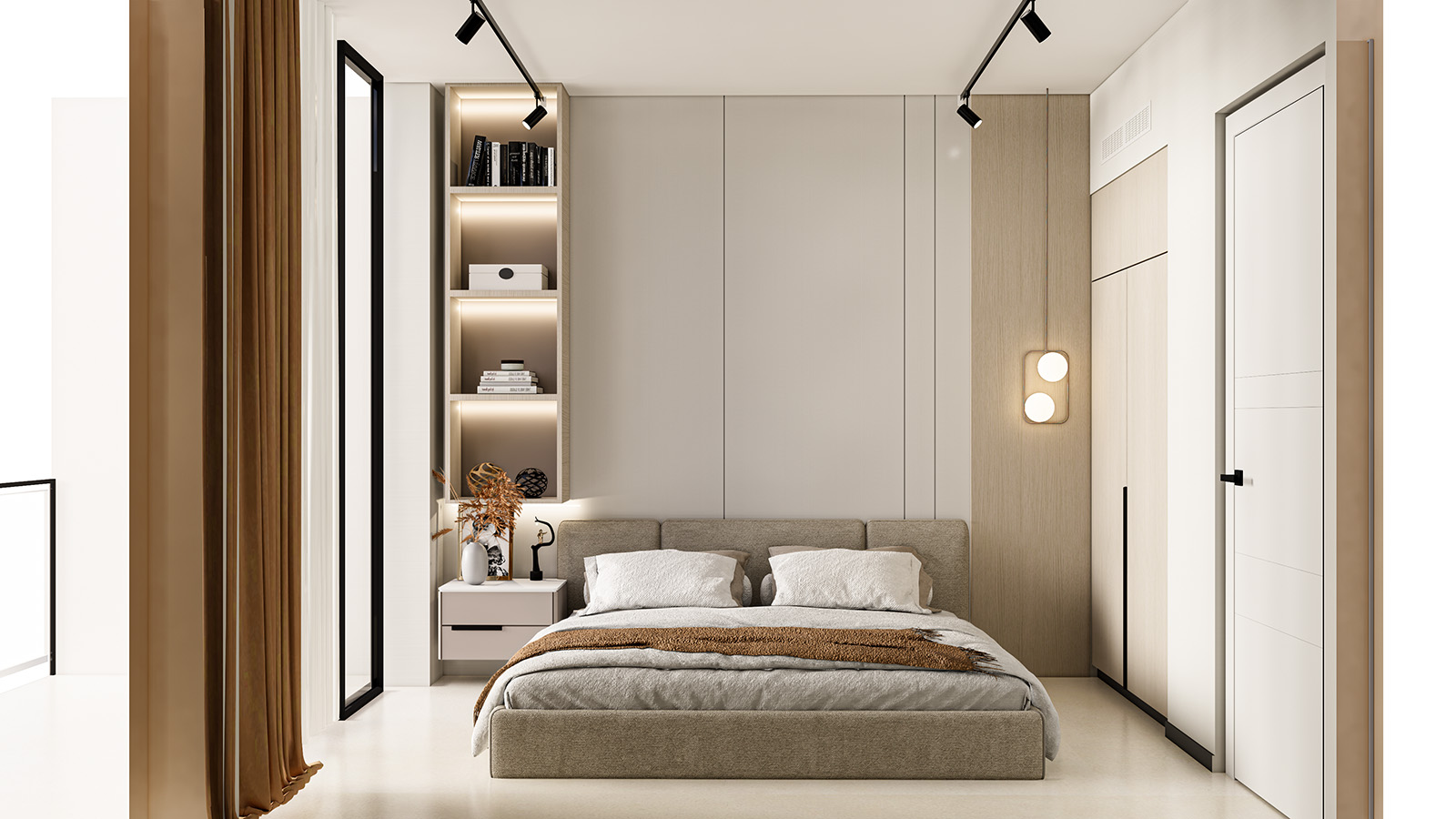 A modern bedroom with a minimalist design. It features a large bed with neutral bedding, a bedside table with decorative items, and a built-in shelf with books and plants. The room has track lighting, and sliding doors with floor-to-ceiling windows allow natural light in.