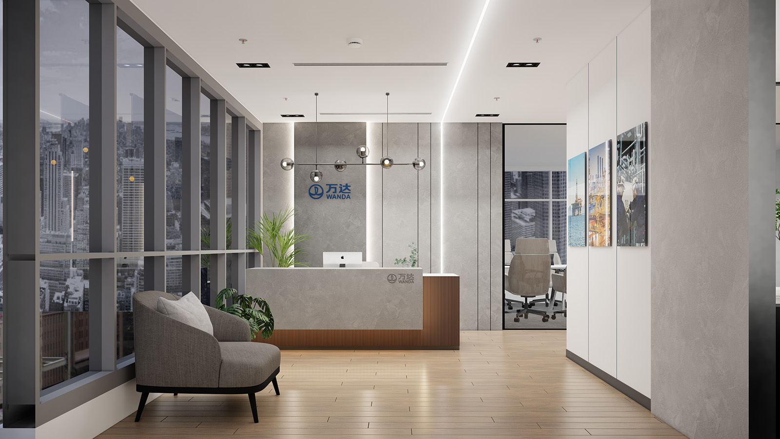 A modern office reception area with large windows offering a cityscape view. The room features a sleek, white reception desk with the logo "Wanda" on the wall behind it, a gray armchair, and various plants. A conference room is visible through a glass partition.