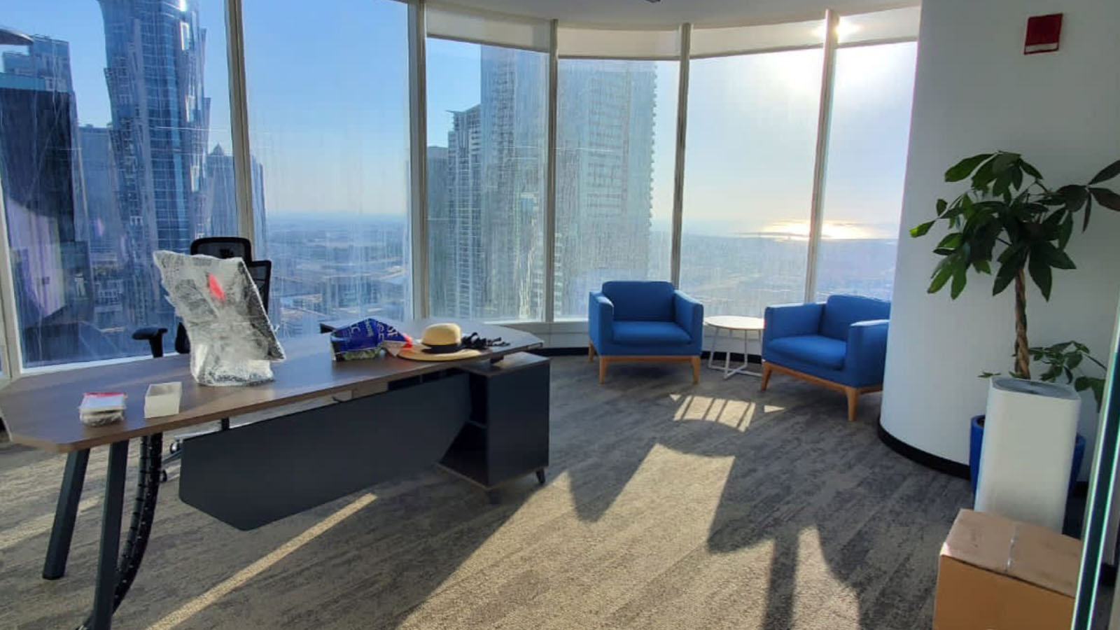 Modern office interior with city skyline view