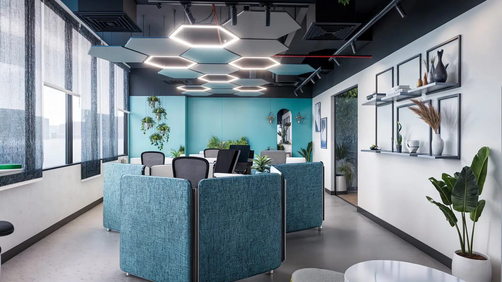 A modern office space features teal cubicles, hexagonal ceiling lights, and large windows with sheer curtains. Walls are adorned with framed art and greenery, including potted plants. Shelves hold decorative items, creating a stylish and inviting environment.