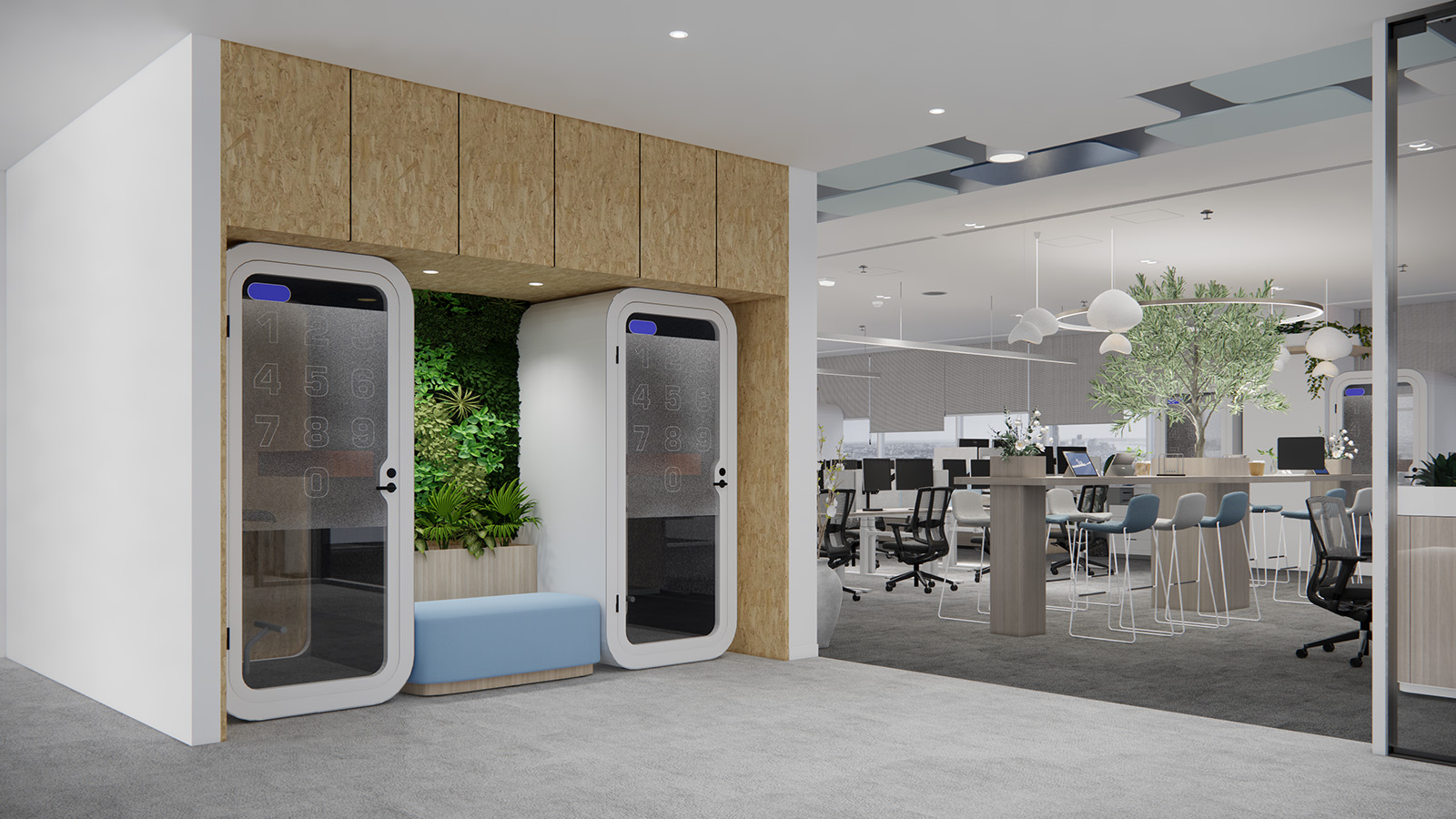 A modern office space featuring two soundproof phone booths with frosted glass doors and keypad entries. Inside, the office has open seating, with ergonomic chairs and desks, and large windows allowing plenty of natural light. Indoor plants add a touch of greenery.