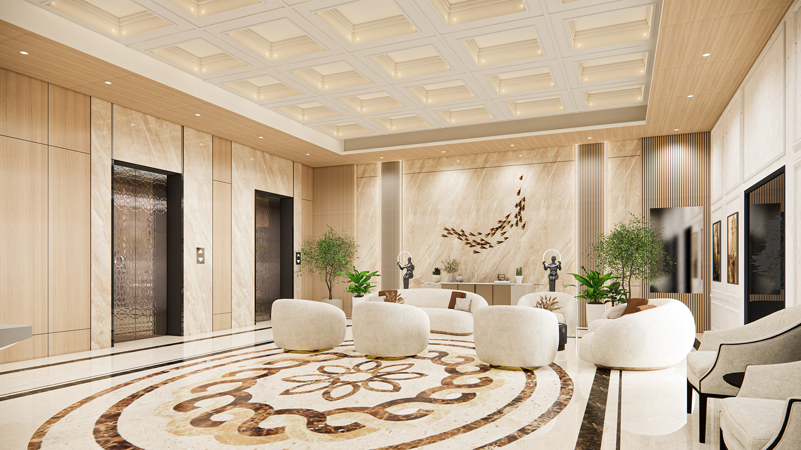 Luxurious lobby interior with elegant lighting, light marble flooring, and beige walls. Features plush white seating arrangements on a patterned circular rug, modern sculptures, potted plants, and two elevator doors on the left, showcasing a sophisticated design.