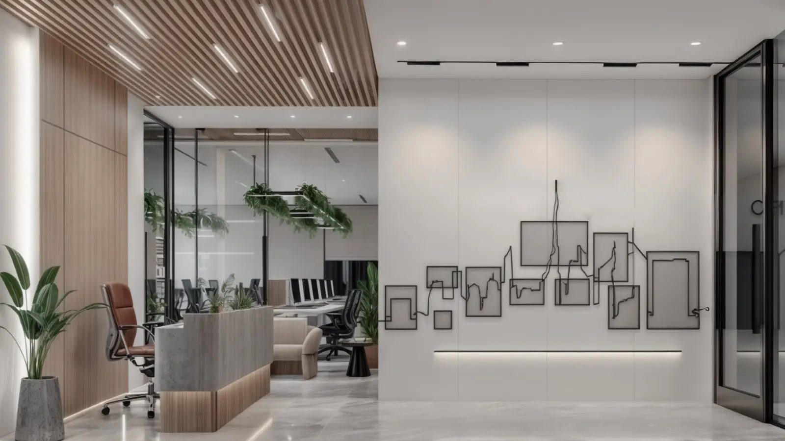 A modern office lobby with sleek, minimalist design. Features include a wood-paneled ceiling, desks, chairs, plants, and a wall-mounted abstract art piece on a white wall. The space is well-lit with rows of recessed lighting. Large glass windows reveal an adjoining office area.