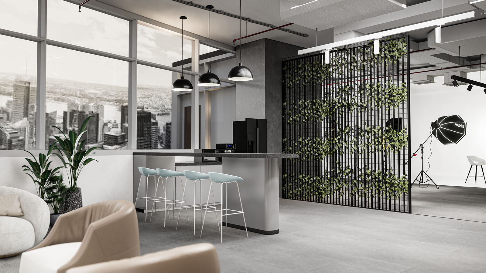 Modern office interior with green wall design