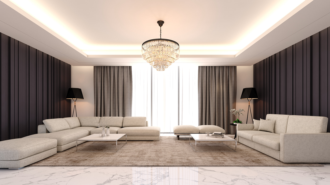 Elegant modern living room with chic chandelier.