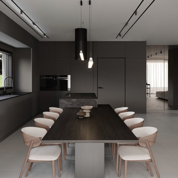 Modern kitchen interior with long dining table