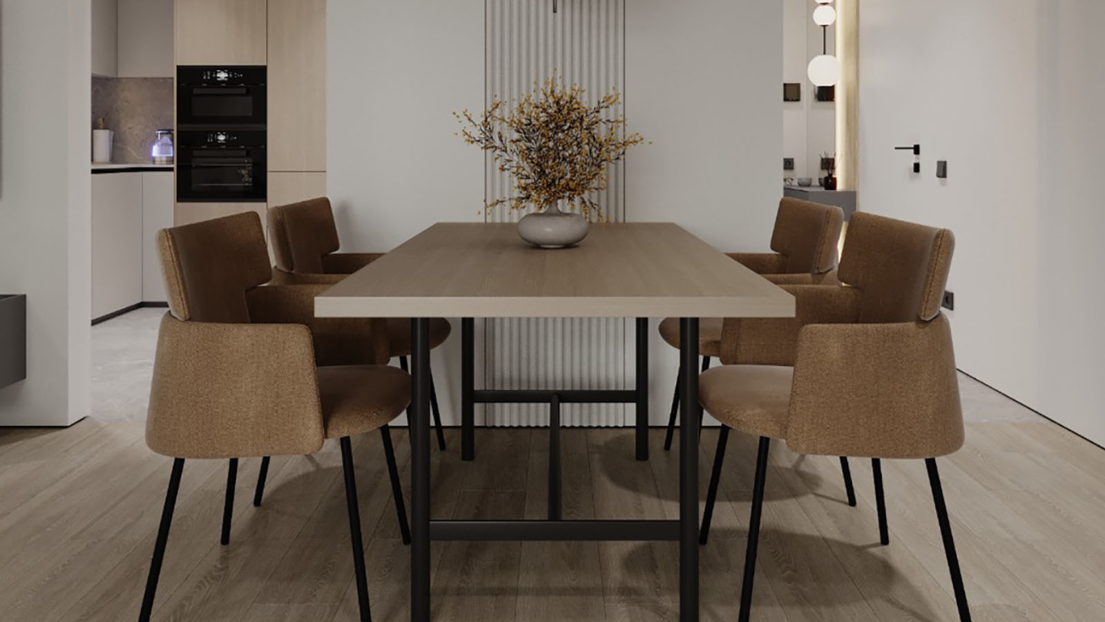 Modern dining room with wooden table and chairs