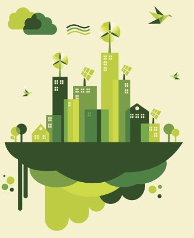 Illustration of sustainable city with green energy sources.